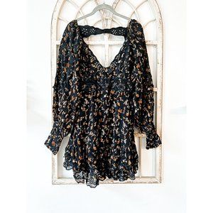 NWT Free People Black Floral Long Sleeve Open Back Mini Dress - Size 8